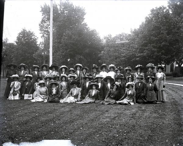 Thirty-seven female students in formal dress, c.1900