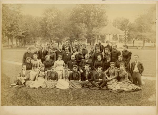 T.J. Morgan, Commissioner of Indian Affairs, with Richard Henry Pratt and teachers [pose 1], c.1890