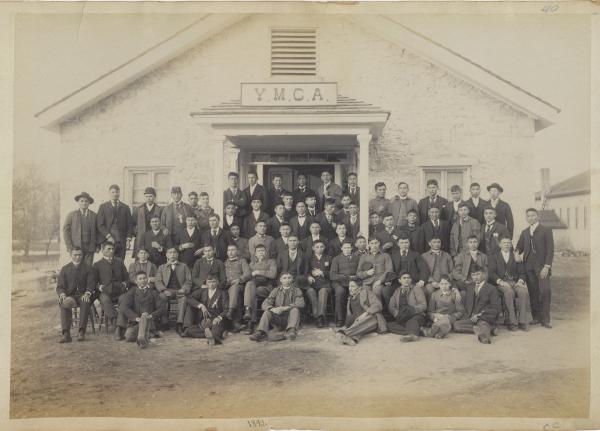 Large group of male students in front of YMCA building [version 2], 1892