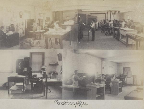 Collage of four images of the printing office, c.1885