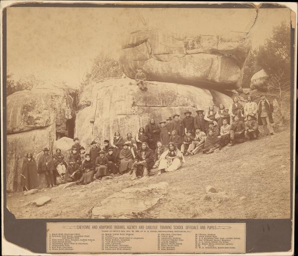 Cheyenne and Arapahoe Chiefs and Students Visiting Devil's Den, 1884
