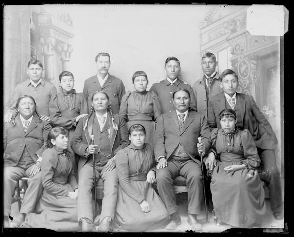 Three visiting chiefs with four male students and five female students, 1893