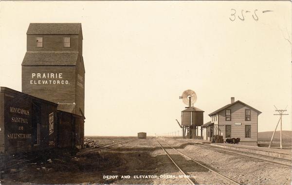 Depot and Elevator in Ogema, MN, c.1910