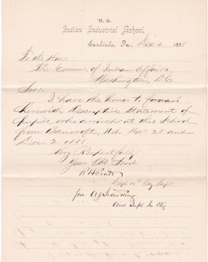 Cover Letter Forwarding Descriptive List of Students from Bancroft, Nebraska on November 28, 1888