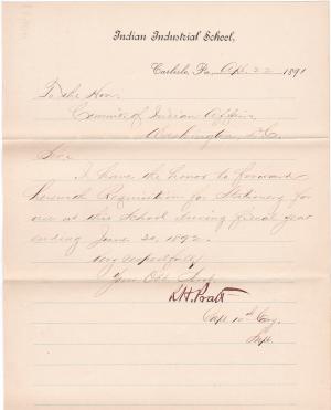 Pratt Forwards Requisition for Stationery, Fiscal Year 1891-1892