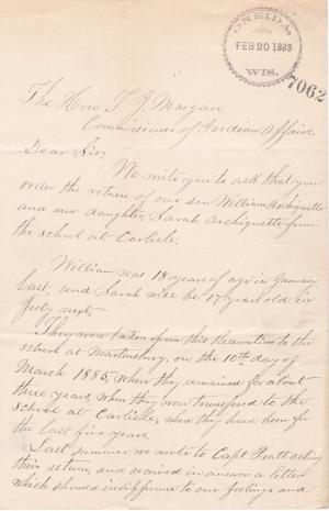 Request for the Return of William and Sarah Archiquette in 1893