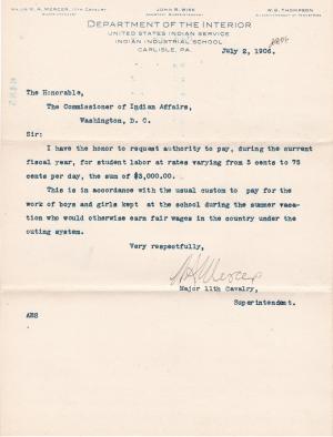 Mercer Requests Authority to Pay Student Labor In Fiscal Year 1907