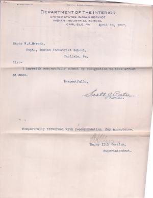Scott J. Porter Submits Resignation as Fireman at Carlisle in April 1907
