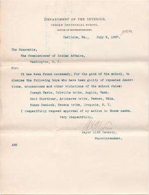 Correspondence Regarding Dismissal of Three Students in 1907