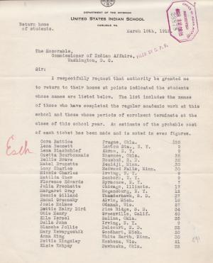 Request to Return Students for March 1915