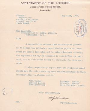 Request to Return Alaskan Students in May 1909