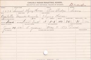 Samuel Flying Horse (Tasunke Kinyela) Student Information Card