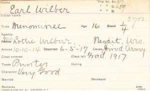Earl Wilber Student Information Card