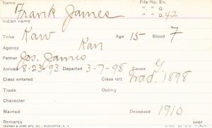Frank James Student Information Card 