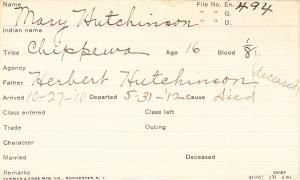 Mary Hutchinson Student Information Card