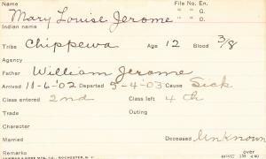 Mary Louise Jerome Student Information Card