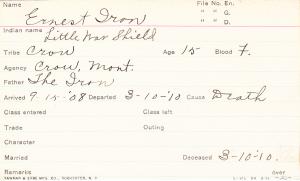 Ernest Iron (Little War Shield) Student Information Card