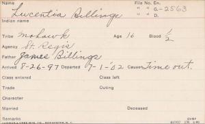 Lucentia Billings Student Information Card