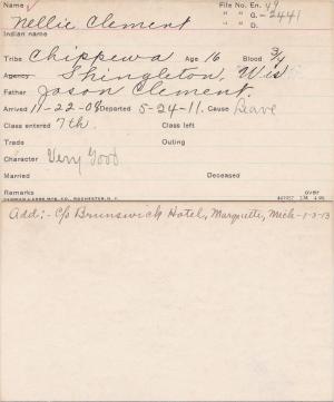 Nellie Clement Student Information Card