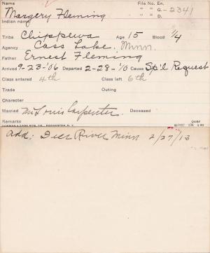 Margery Flemming Student Information Card