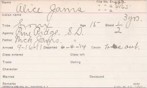 Alice Janis Student Information Card