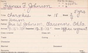 Frances F. Johnson Student Information Card