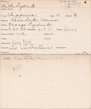 Ruth Lydick Student Information Card