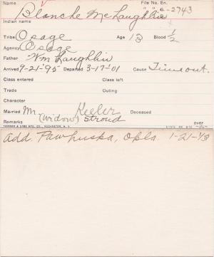 Blanche McLaughlin Student Information Card