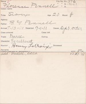 Florence Pennell Student Information Card
