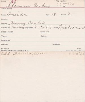 Sherman Coulon Student Information Card