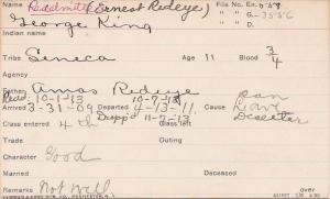George King (Ernest Redeye) Student Information Card