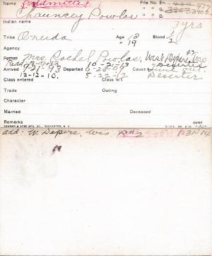 Chauncey Powlas Student Information Card [entered 1904]