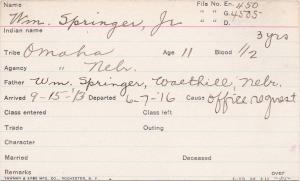 William Springer, Jr. Student Information Card