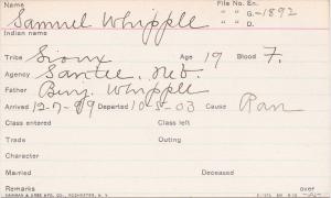 Samuel Whipple Student Information Card