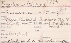 Grace Irene Rickard Student Information Card