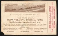 sepia-toned image; in the upper third is a photograph of the previous year's Indian-Villanova Game, the lower two-thirds give details about when and where the game is and what fun things will happen, along the right side is a note that says "AUTOMOBLIES PARKED" 