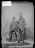 Joe Pawnee and Hiram Bailey with bugles, c.1889