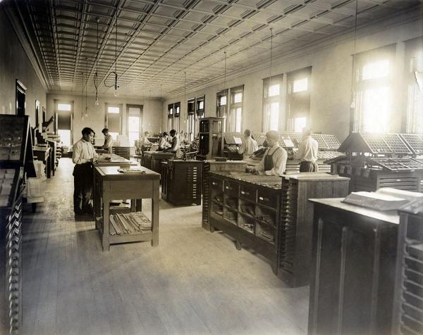 Students Setting Type in the Print Shop [view 1], c. 1909