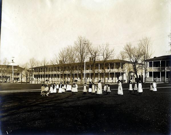 Female Students on Central Campus Lawn with Dog, c. 1909