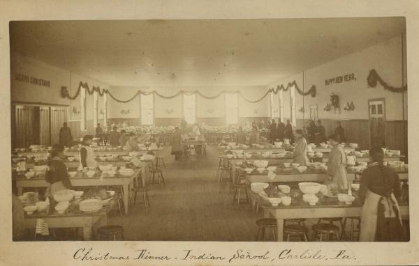 Dining room decorated for Christmas, c.1881
