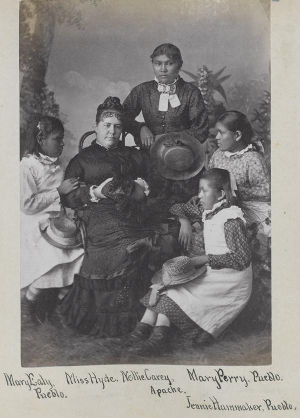 Mary Ealy, Nellie Carey, Mary Perry, and Jennie Hammaker with teacher Mary Hyde [version 2], c.1881