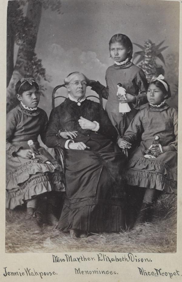 Jennie Waupoose, Elizabeth Dixon, and Alice Neopet with Sarah Mather [version 2], c.1881