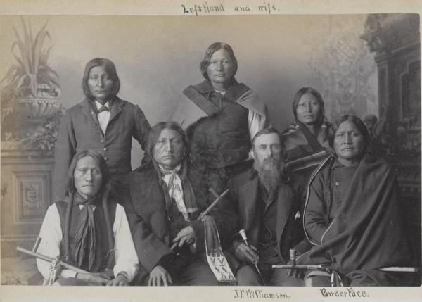 Visiting chiefs including Left Hand and Powder Face with J.F. Williams, 1884