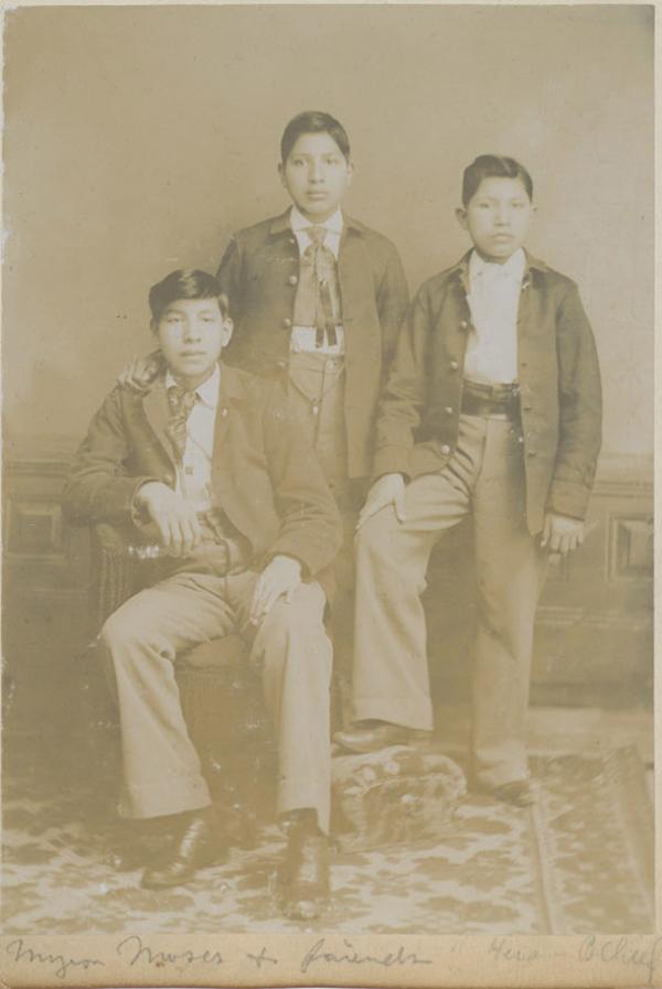 Myron Moses, Hiram Blackchief, and an unidentified young man, c.1893
