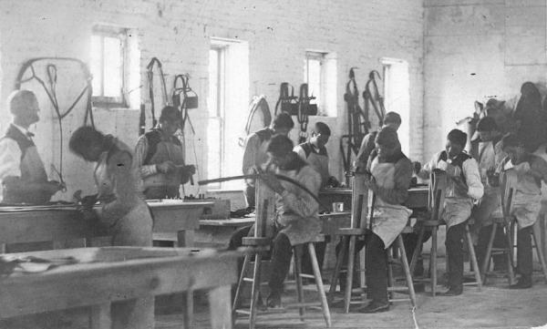 Students and staff in the harness-making shop, c.1880