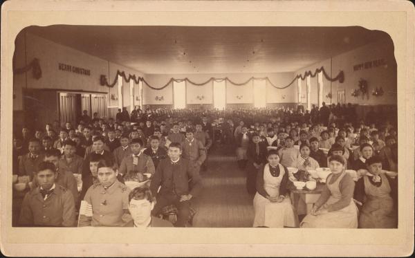 Christmas dinner in dining hall, 1885