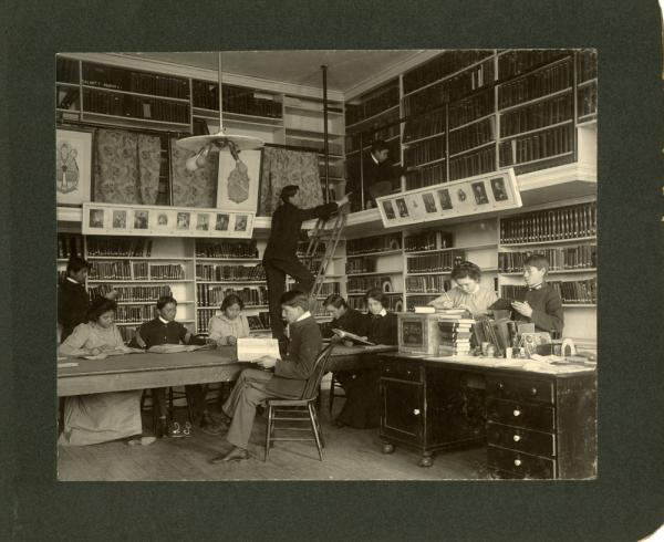 Librarian and Students in School Library, 1901