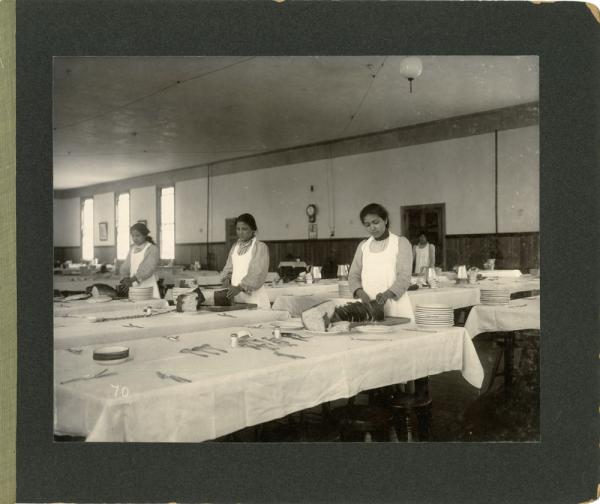 Female Students Preparing Tables in Dining Room, 1901