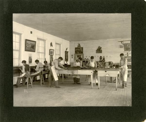 Students Sewing and Cutting Parts in Harness Shop, 1901