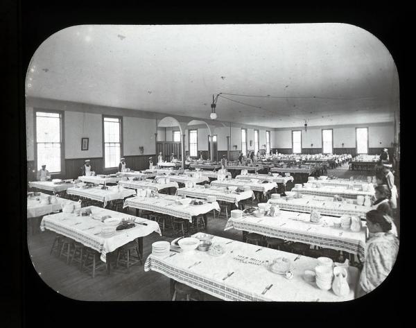 Tables Set in School Dining Hall, c. 1900